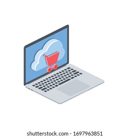 Cesta del mercado de la nube de portátiles. Vector 3d isométrico, icono web de color, nuevo estilo plano. Diseño de ilustración creativa, idea gráfica aislada para infografías.