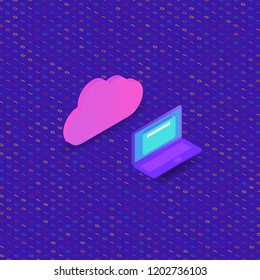 Laptop and cloud on digital background. Isometric vector illustration.