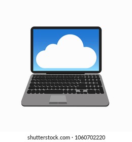 Laptop with cloud on display, vector illustration.
