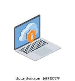 Laptop cloud shield information. Vector 3d isometric, color web icon, new flat style. Creative illustration design, isolated graphic idea for infographics.