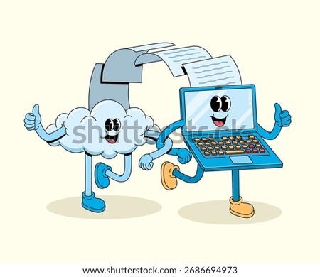 laptop and cloud storage data groovy cartoon illustration