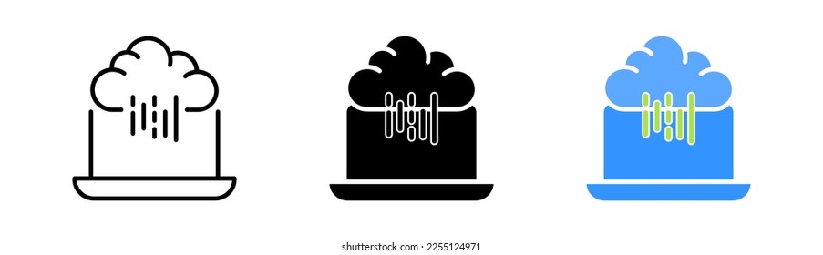 Laptop with cloud storage. Digital image, picture, landscape, online, remote server, data transfer, view. Internet concept. Vector icon in line, black and colorful style on white background