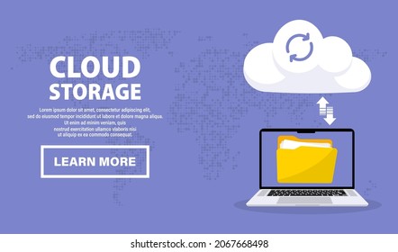 Laptop with cloud storage. Exchange of information. Laptop uploads files to cloud server. Cloud computing technology. Hosting, network management, data synchronization, database, remote access