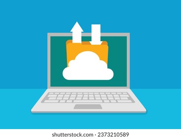 Laptop with cloud storage. Exchange of information. Cloud data storage uploading file on server. Hosting, network management, data synchronization, database, remote access