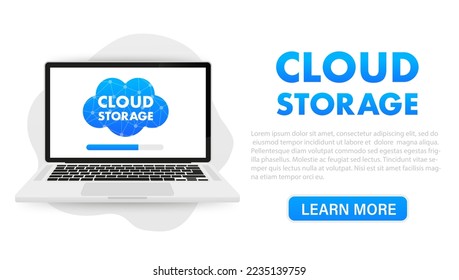 Laptop with cloud storage. The laptop uploads files to the cloud server. Computer technologies, networks and databases, internet center. concept of cloud storage, network. Vector illustration