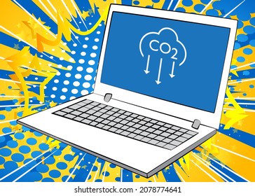 Laptop with CO2 emission sign, Carbon dioxide icon on the screen. Vector cartoon illustration.