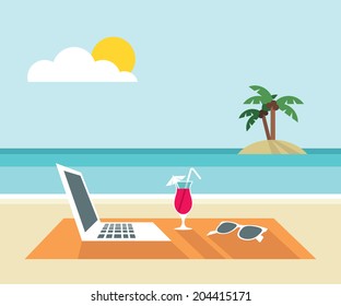 Laptop, cocktail, sunglasses on the beach - flat design - vector illustration