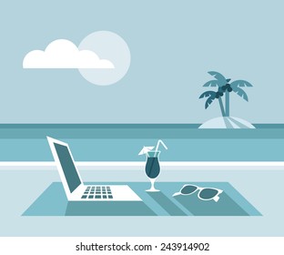 Laptop, cocktail, sunglasses on the beach - flat design - vector illustration