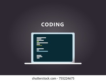 Laptop with code lines, on dark grey background