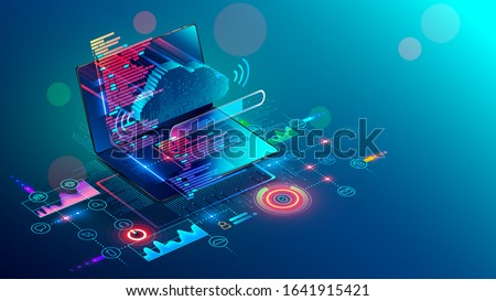 Laptop with code on screen hanging over icons programming app, software development, web coding. Isometric conceptual illustration about collaboration work via internet or cloud storage. Remote work.