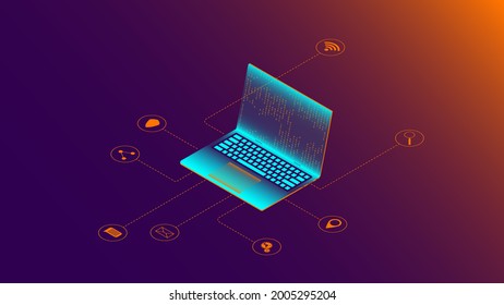 A laptop with a code on the screen. Next to the device are icons of applications for interacting with each other. Programming of the future. A flat vector illustration in an isometric style.
