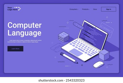 Laptop com amostras de código na tela sobre fundo roxo. Modelo de página de aterrissagem isométrica de linguagem de computador. Ferramentas de desenvolvimento de software variações ilustração vetorial 3D para página da Web