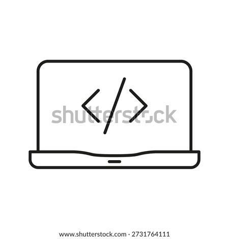 Laptop With Code Symbol Line Icon. Software Development, Programming, And Coding Outline Symbol. Technology And Innovation. Editable Stroke. Isolated Vector Illustration.