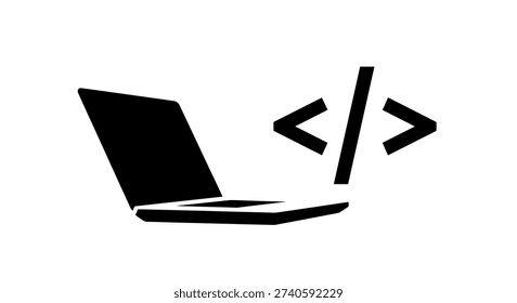 Laptop with coding symbols on display