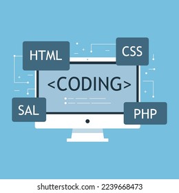 Laptop with Coding word on screen.Coding, programming. SEO. Search engine optimization. App development, creation. Software, program code. Web design.