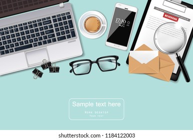 Laptop, cofee and glasses office desk Vector realistic. gadgets 3d detailed illustration