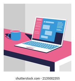 Laptop with coffe Flat design  illustration vector 