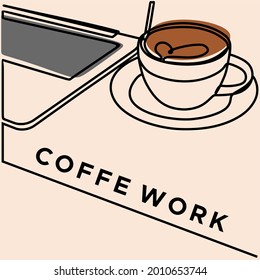 laptop and coffe one line art continuous line