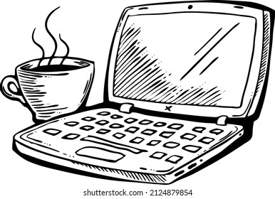 Laptop with coffee cup for morning remote work. Pc computer with tea mug for freelance home office. Notebook for business and study. Hand drawn retro vintage old style tattoo vector illustration.
