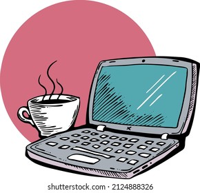 Laptop with coffee cup for morning remote work. Pc computer with tea mug for freelance home office. Notebook for business and study. Hand drawn colorful retro vintage vector illustration. Old style.