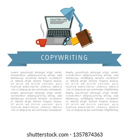 Laptop and coffee cup notebook copywriting workplace vector web page template organizer and steaming tea mug computer and eyeglasses typing articles and documents copywriter profession or occupation