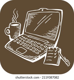 Laptop with coffee cup and notebook with pen for home office and remote work online on computer. Hand drawn old style vector line illustration.