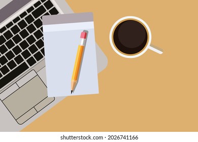 Laptop with coffee cup, notebook and pencil on table,Vector illustration,concept for home office.Business concept. Work from home.desk office with laptop,blank notepad, coffee cup and pencil on table.