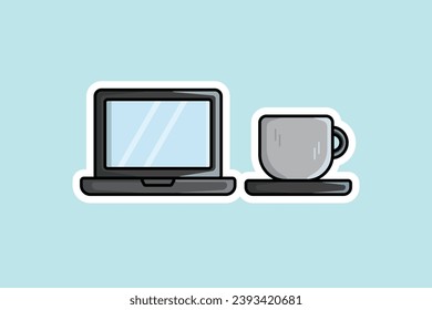 Portátil con ilustración vectorial de la Copa Coffee. Concepto de icono de tecnología y objetos de bebida. Espacio de trabajo con diseño de pegatinas vectoriales para portátiles y taza de café con sombra.