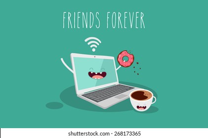 laptop, coffee and donut  illustration. Vector cartoon. Friends forever. Comic characters. Use for card, poster, banner, web design and print on t-shirt. Easy to edit. Vector illustration.