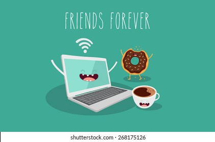 laptop, coffee and donut illustration. Vector cartoon. Friends forever. Comic characters. Use for card, poster, banner, web design and print on t-shirt. Easy to edit. Vector illustration.