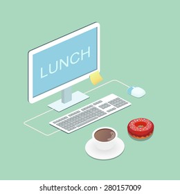 Laptop, coffee and donut  illustration Vector concept.   Lunch