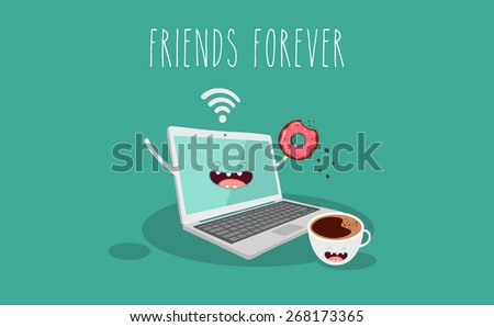 laptop, coffee and donut  illustration. Vector cartoon. Friends forever. Comic characters. Use for card, poster, banner, web design and print on t-shirt. Easy to edit. Vector illustration.