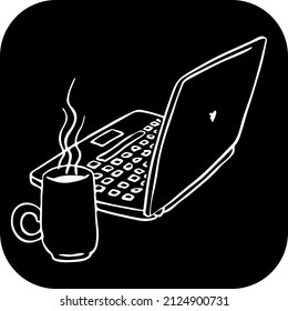 Laptop with coffee mug for remote work. Pc computer with cup of tea for freelance home office. Notebook for business and study, education. Hand drawn white on black vector illustration. Line drawing.