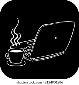 Laptop with coffee mug for remote work. Pc computer with cup of tea for freelance home office. Notebook for business and study, education. Hand drawn white on black vector illustration. Line drawing.