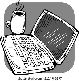 Laptop with coffee mug for remote work. Pc computer with cup of tea for freelance home office. Notebook with hot drink for business and study. Hand drawn black and white vector illustration. 