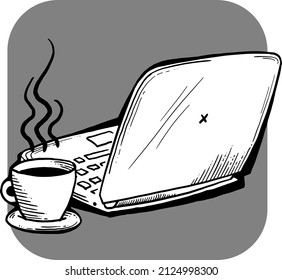 Laptop mit Kaffeekrug für Fernarbeit. PC-Computer mit Tasse Tee für freischaffendes Büro. Notebook mit heißem Getränk für Business und Studium. Handgezeichnete schwarz-weiße Vektorgrafik. 