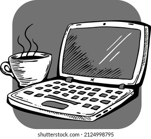 Portátil con taza de café para trabajo remoto. Computadora con taza de té para oficina de freelance en casa. Ordenador portátil con bebida caliente para negocios y estudio. Ilustración vectorial en blanco y negro dibujada a mano. 