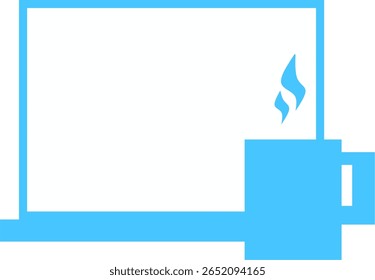 Laptop with Coffee Mug. Remote Work Icon. A flat black icons related to remote work, online communication, productivity, and digital workspace. Perfect for apps, websites, infographics, blue color.