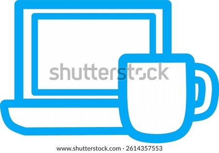 Laptop with Coffee Mug. Remote Work blue Icon. Flat icons related to remote work, online communication, productivity, and digital workspace. Perfect for apps, websites, infographics, and presentation