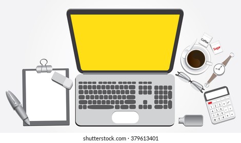 laptop, coffee and office supplies vector , top view of workplace.