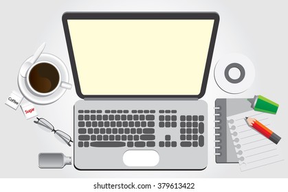 laptop, coffee and office supplies vector , top view of workplace.