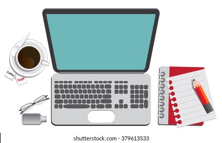 laptop, coffee and office supplies vector , top view of workplace.