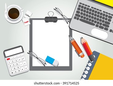
laptop, coffee and office supplies vector , top view of workplace.
