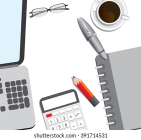
laptop, coffee and office supplies vector , top view of workplace.
