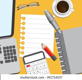 
laptop, coffee and office supplies vector , top view of workplace.
