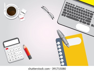 
laptop, coffee and office supplies vector , top view of workplace.
