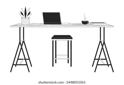 Laptop and coffee on counter table 2D linear cartoon objects. Comfortable place to work isolated vector outline items collection. Remote workplace furniture monochromatic flat spot illustration