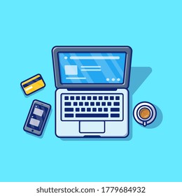 Laptop With Coffee And Phone Cartoon Vector Icon Illustration. Business Technology Icon Concept Isolated Premium Vector. Flat Cartoon Style