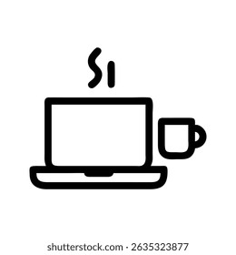 Laptop with coffee remote icon. Laptop and cup enhancing cozy work environment.