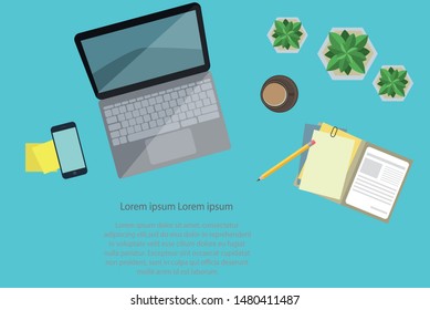 laptop coffee sheet of paper and phone office flat design